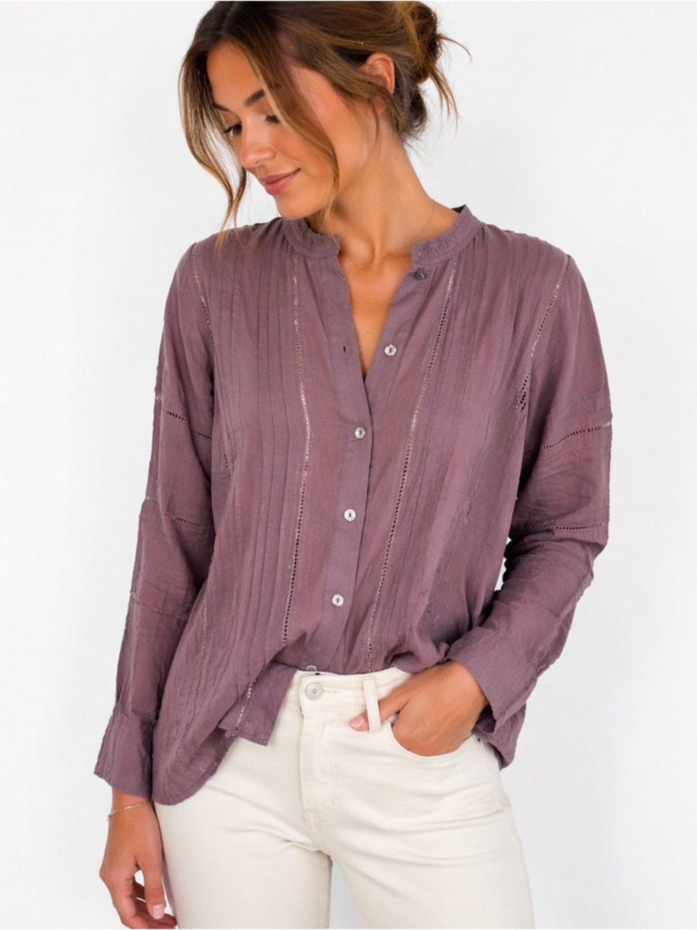 Ex Voto Olivia Plum Pintuck Lace Cotton‎ Blouse Quiet Luxury Boho NWT